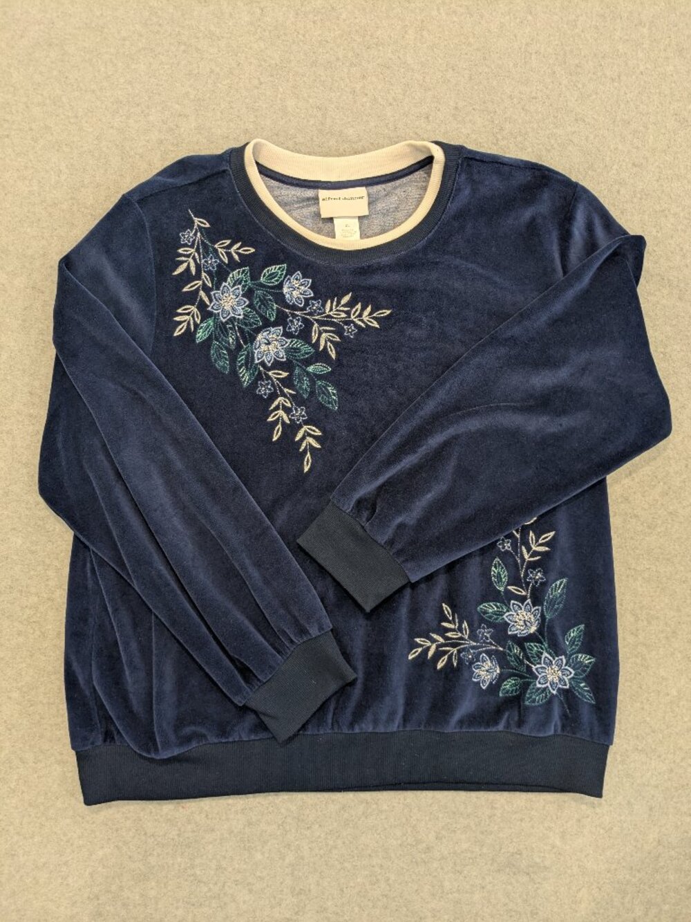 Vintage Alfred Dunner XL Floral Embroidered Beaded Blue Velour Sweater Grandma